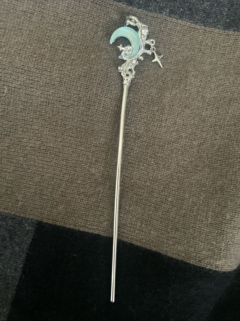 Silver Moon & Star Hair Stick with Light Blue Accent